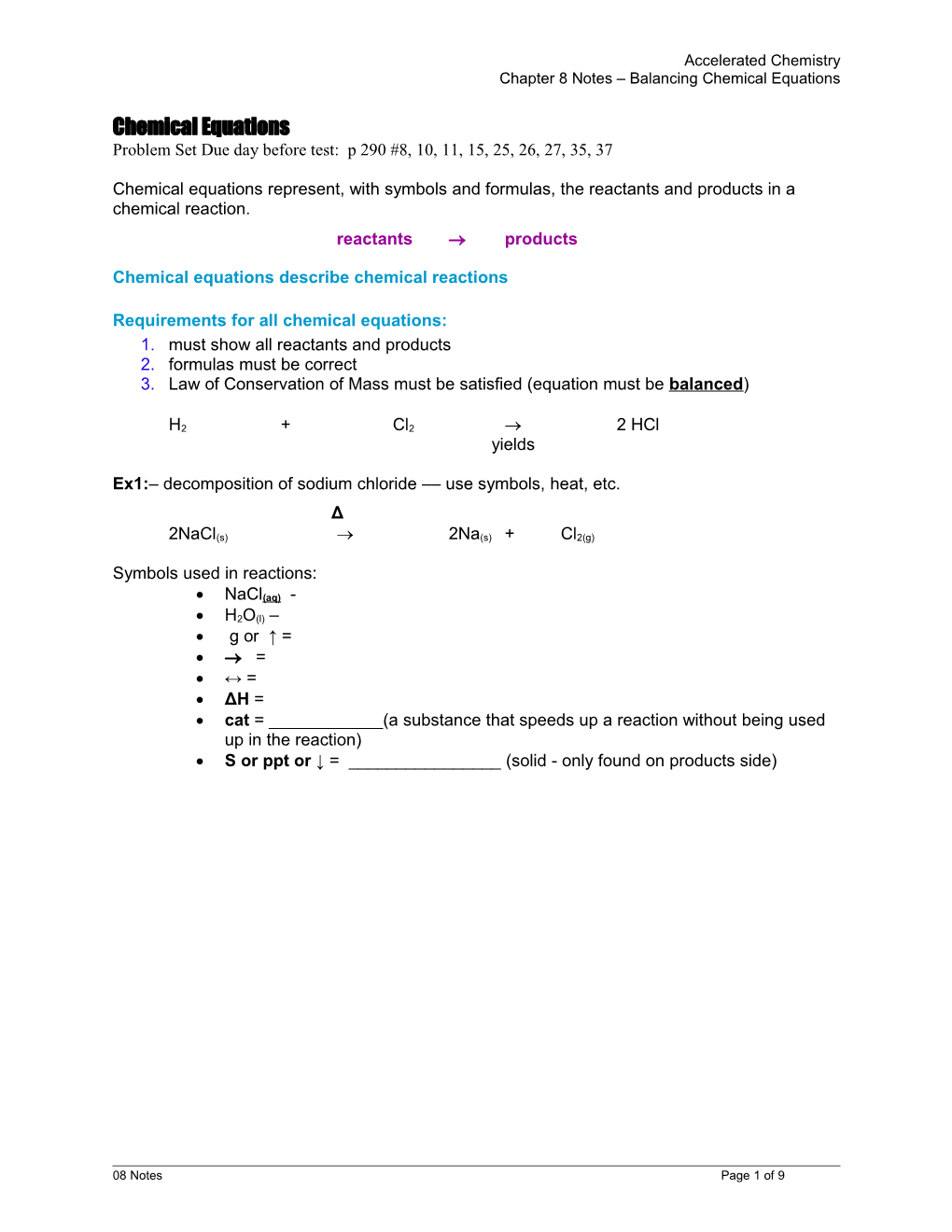 Chapter 8 Notes Balancing Chemical Equations