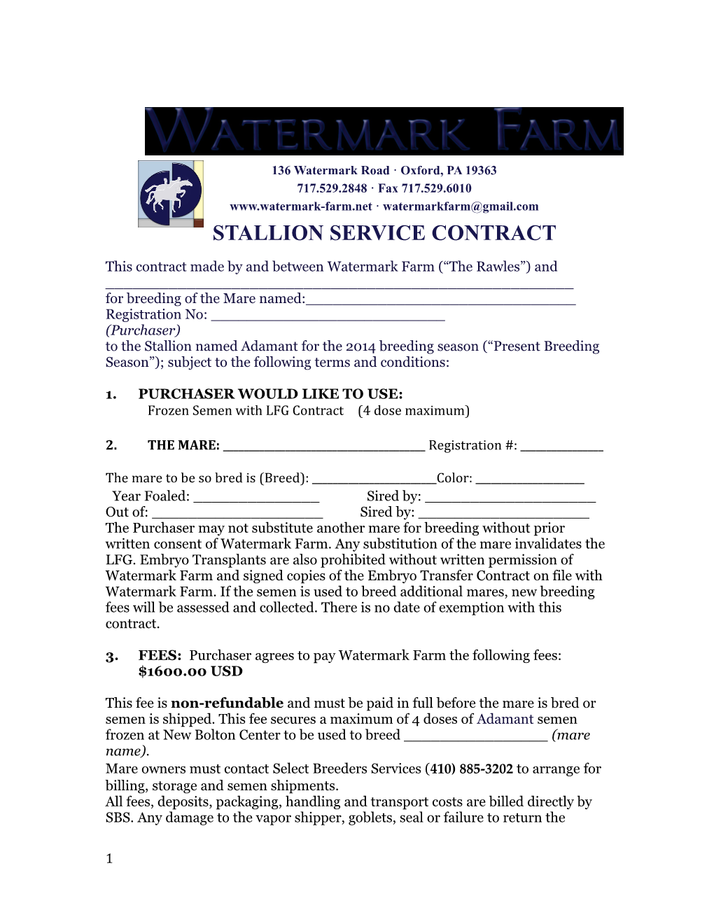 This Contract Made by and Between Watermark Farm ( the Rawles ) And