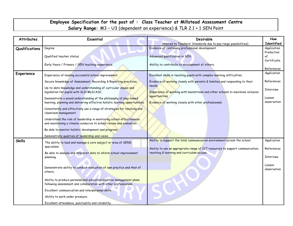 Employee Specification Form for the Post of : Teacher at Millstead School