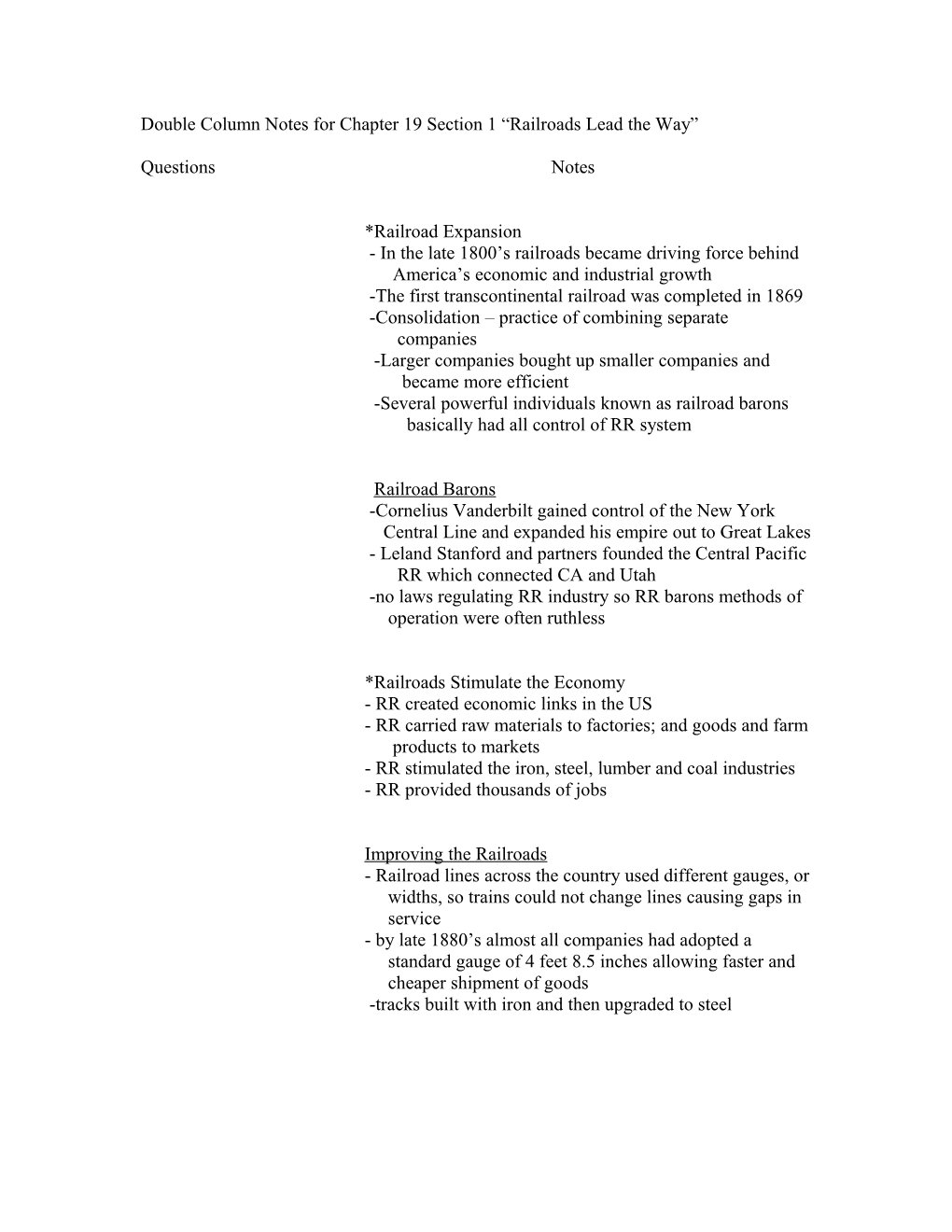 Double Column Notes for Chapter 19 Section 1 Railroads Lead the Way