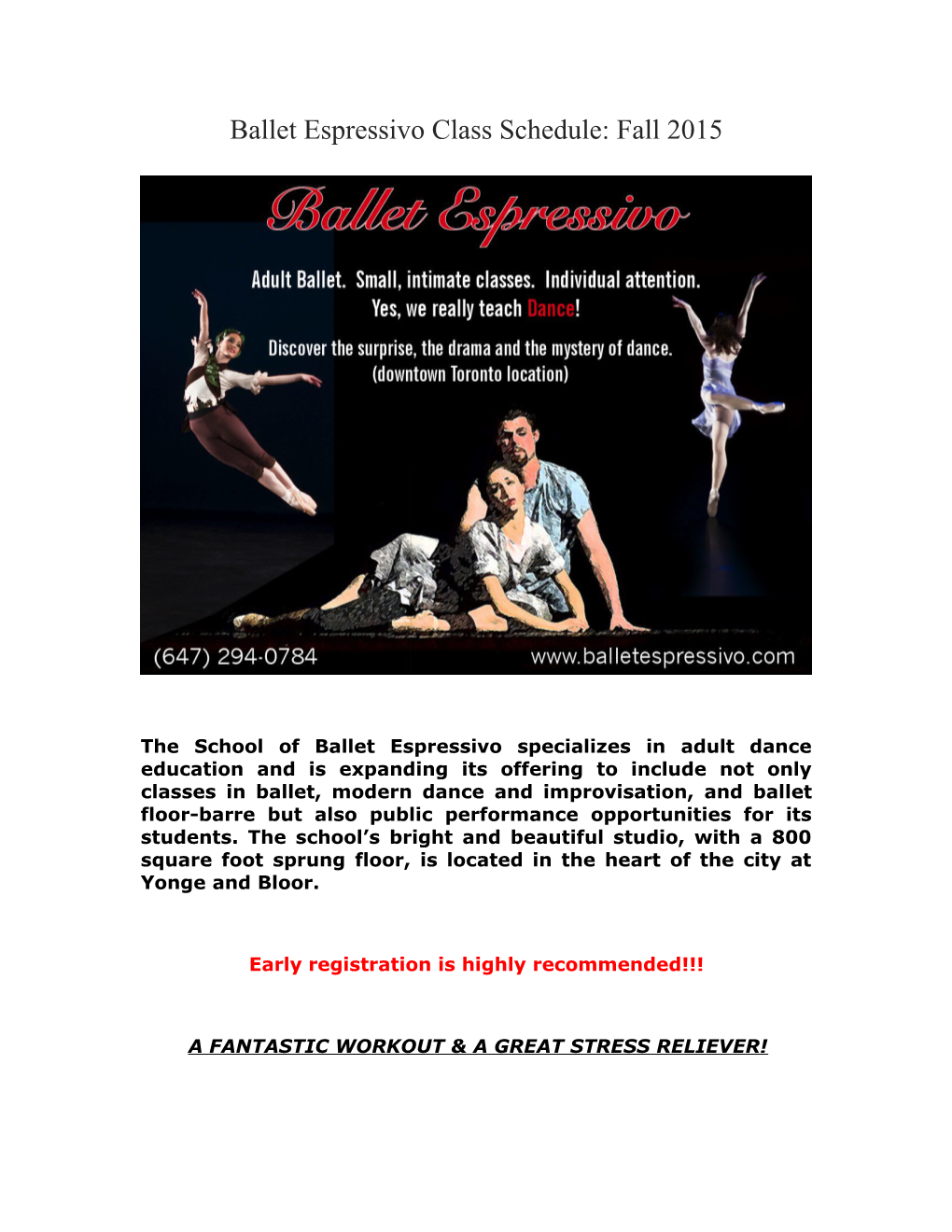 Ballet Espressivo Class Schedule: Fall 2015