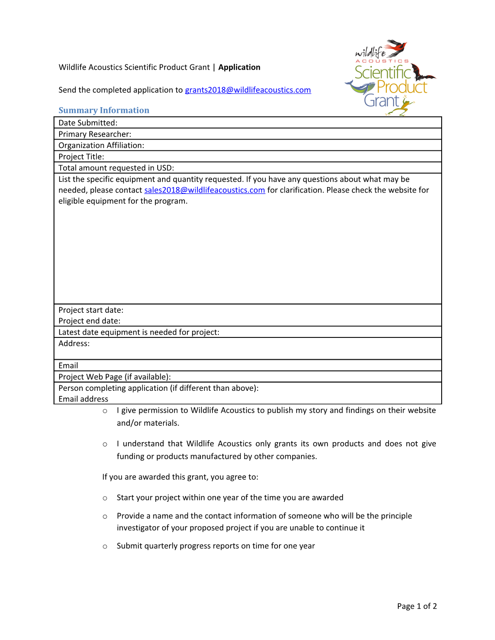 Wildlife Acoustics Scientific Product Grant Application