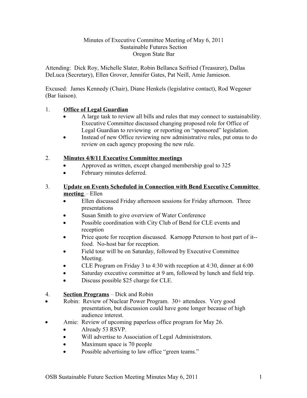 Minutes of Executive Committee Meeting of December 3, 2009