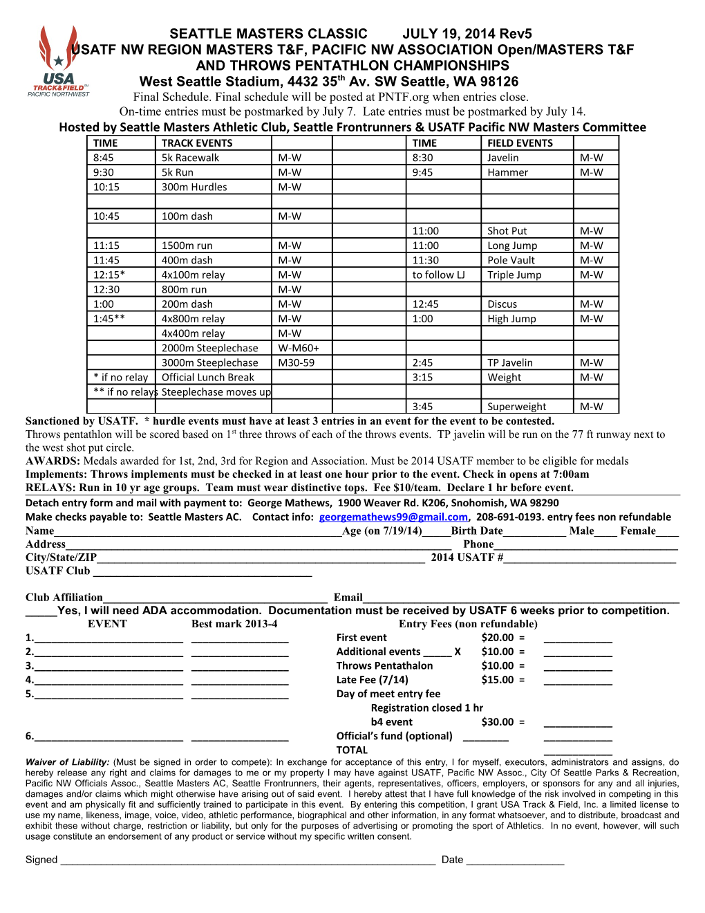 Usatf Northwest Region , Pacific Northwest Association Masters T&F