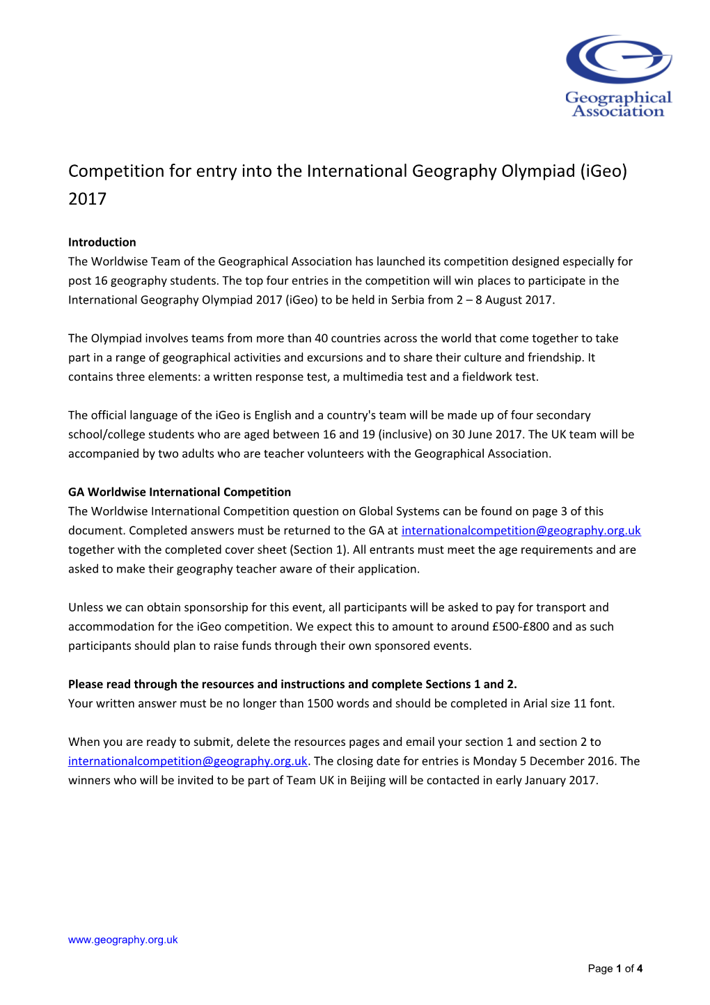 Competition for Entry Into the International Geography Olympiad (Igeo) 2017