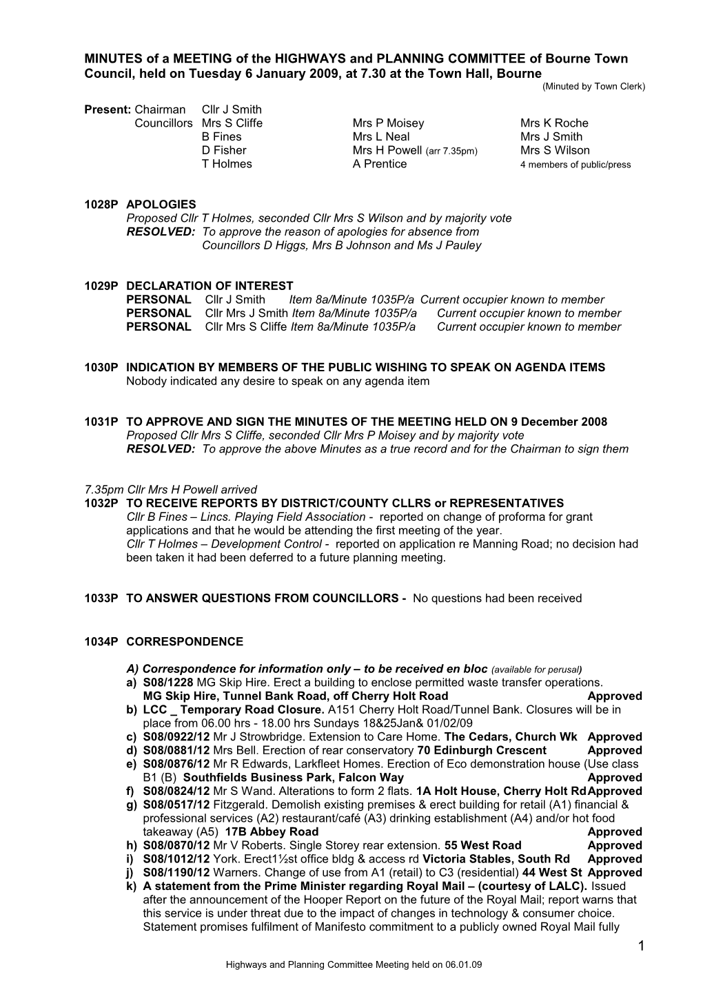 MINUTES of a MEETING by the HIGHWAYS and PLANNING COMMITTEE