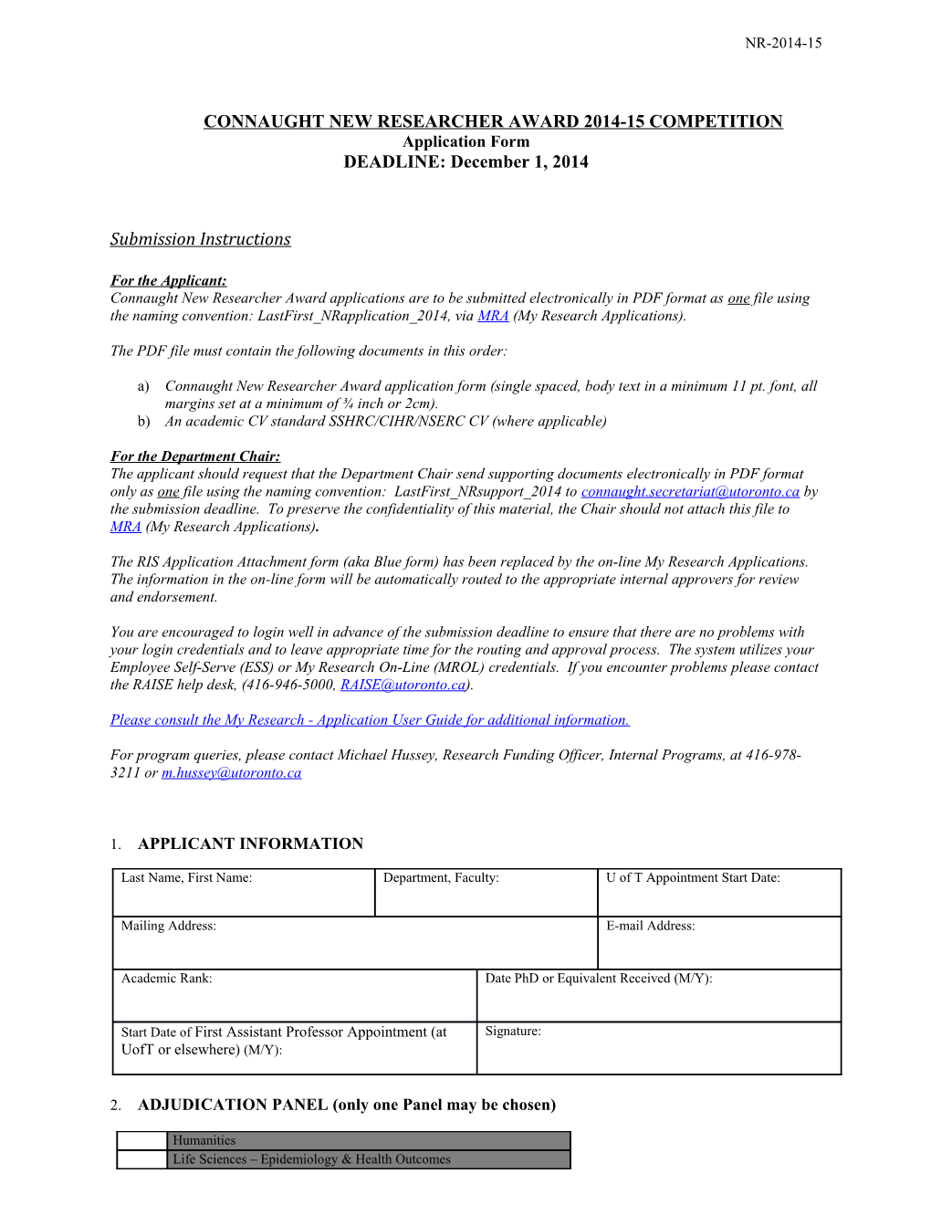 Connaught New Researcher Award 2014-15 Competition