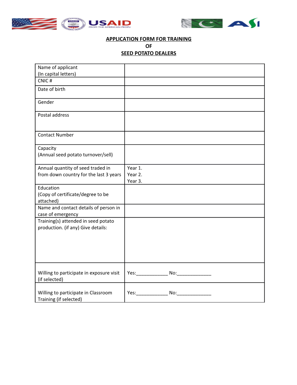 Application Form for Training