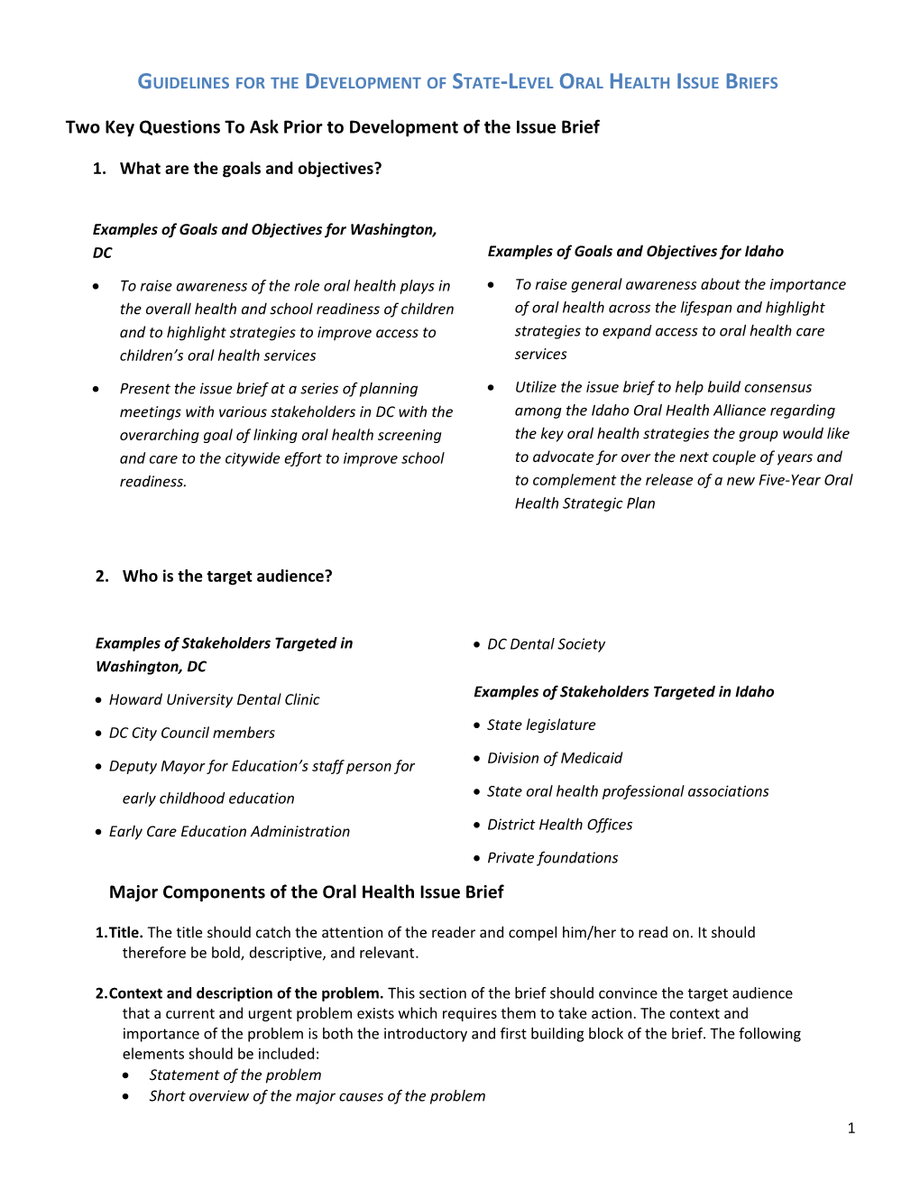 Guidelines for the Development of State-Level Oral Health Issue Briefs