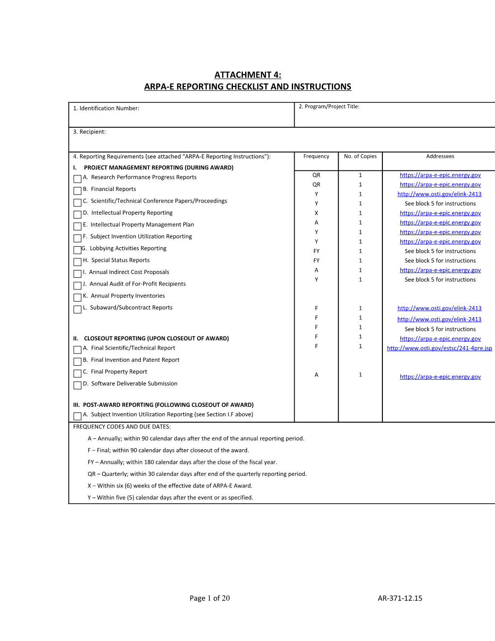 Arpa-E Reporting Checklist and Instructions