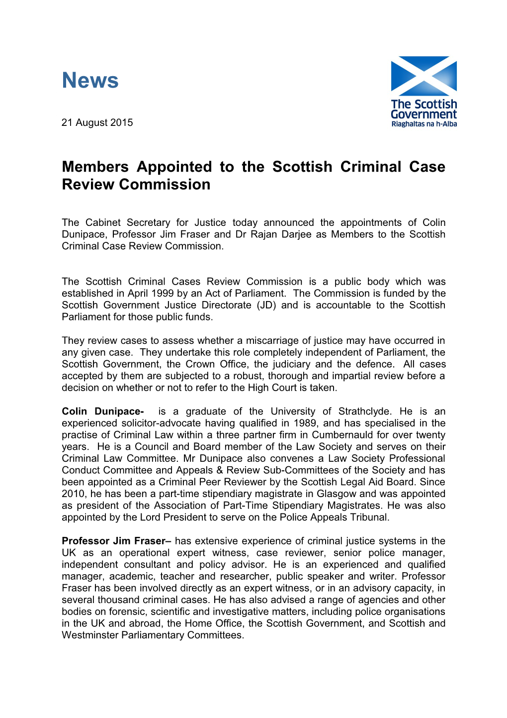 Members Appointed to the Scottish Criminal Case Review Commission