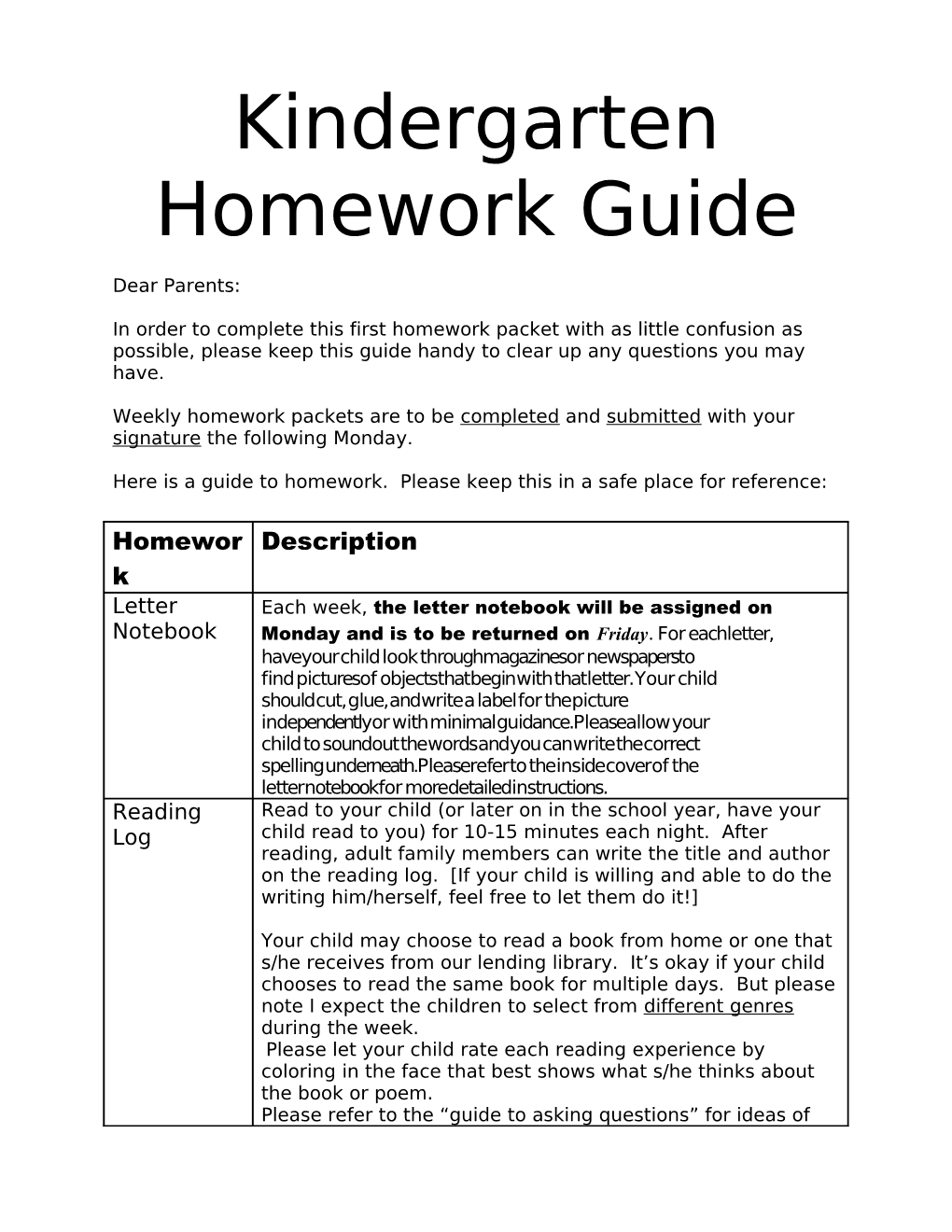 Kindergarten Homework Guide