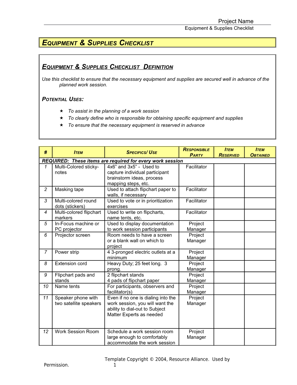 Equipment & Supply Checklist