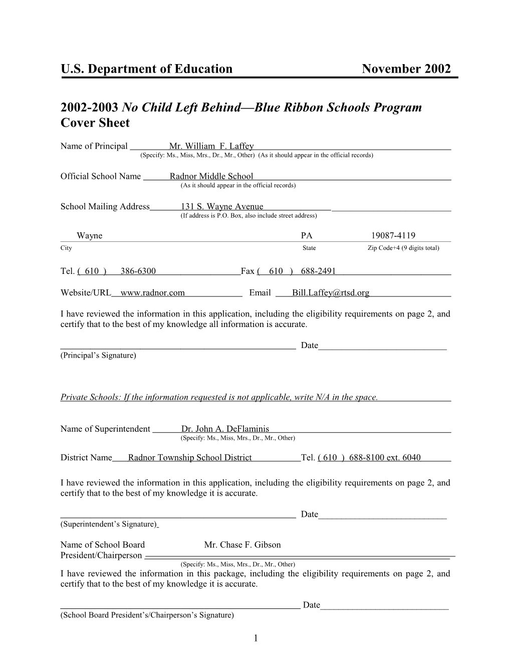 Radnor Middle School 2003 No Child Left Behind-Blue Ribbon School (Msword)