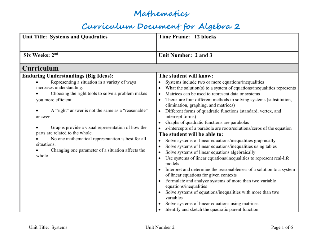 Curriculum Documentfor Algebra 2