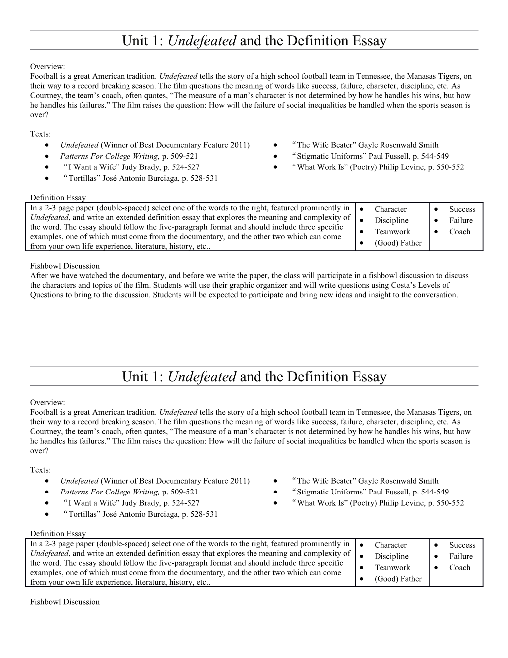 Unit 1: Undefeated and the Definition Essay