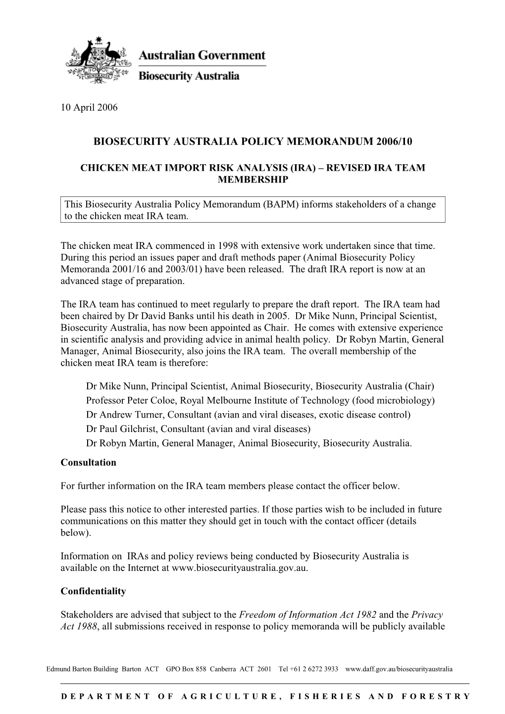 Biosecurity Australia Policy Memorandum 2006/10