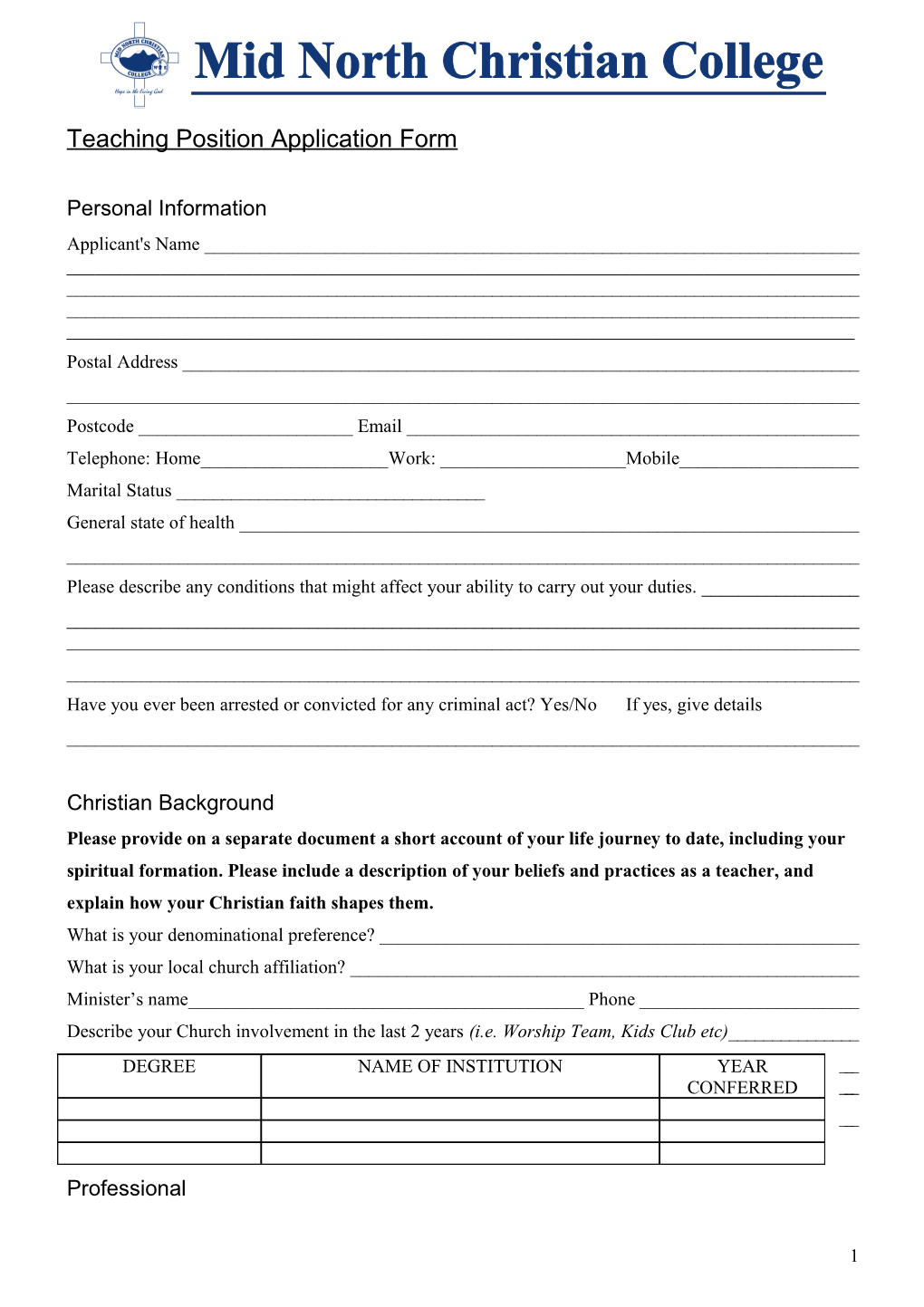 Teaching Position Application Form