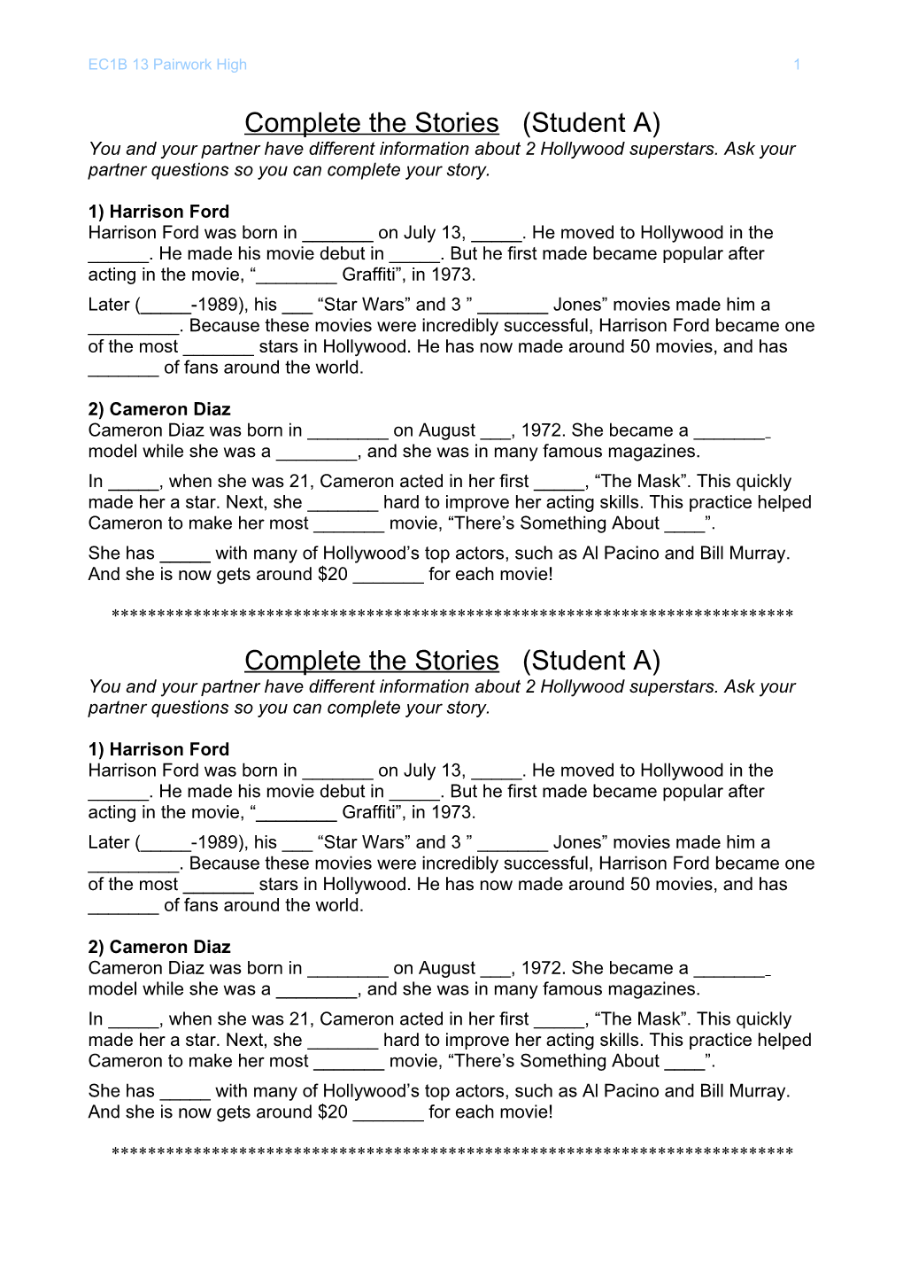Complete the Stories (Student A)