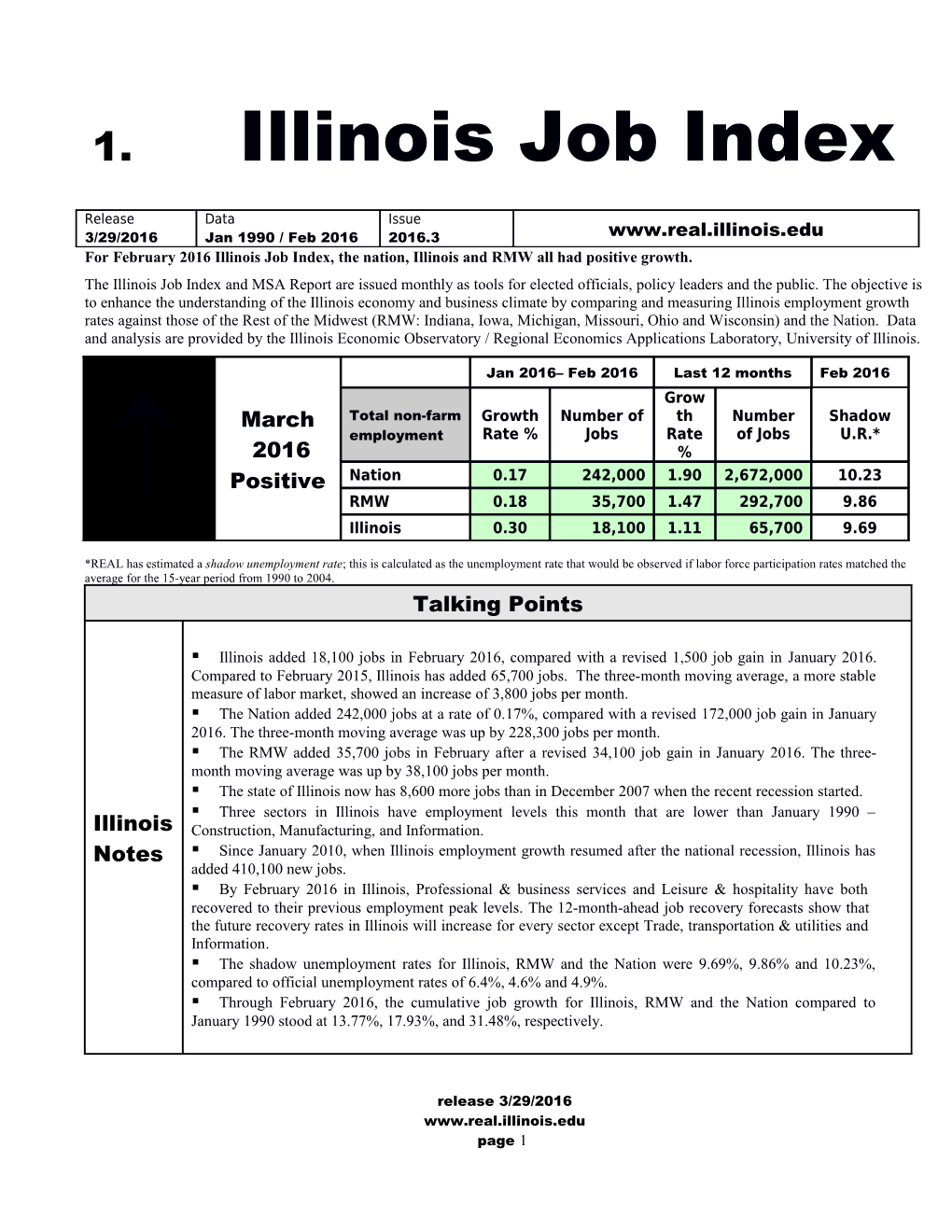 Forfebruary2016illinois Job Index, the Nation, Illinois and Rmwall Had Positive Growth