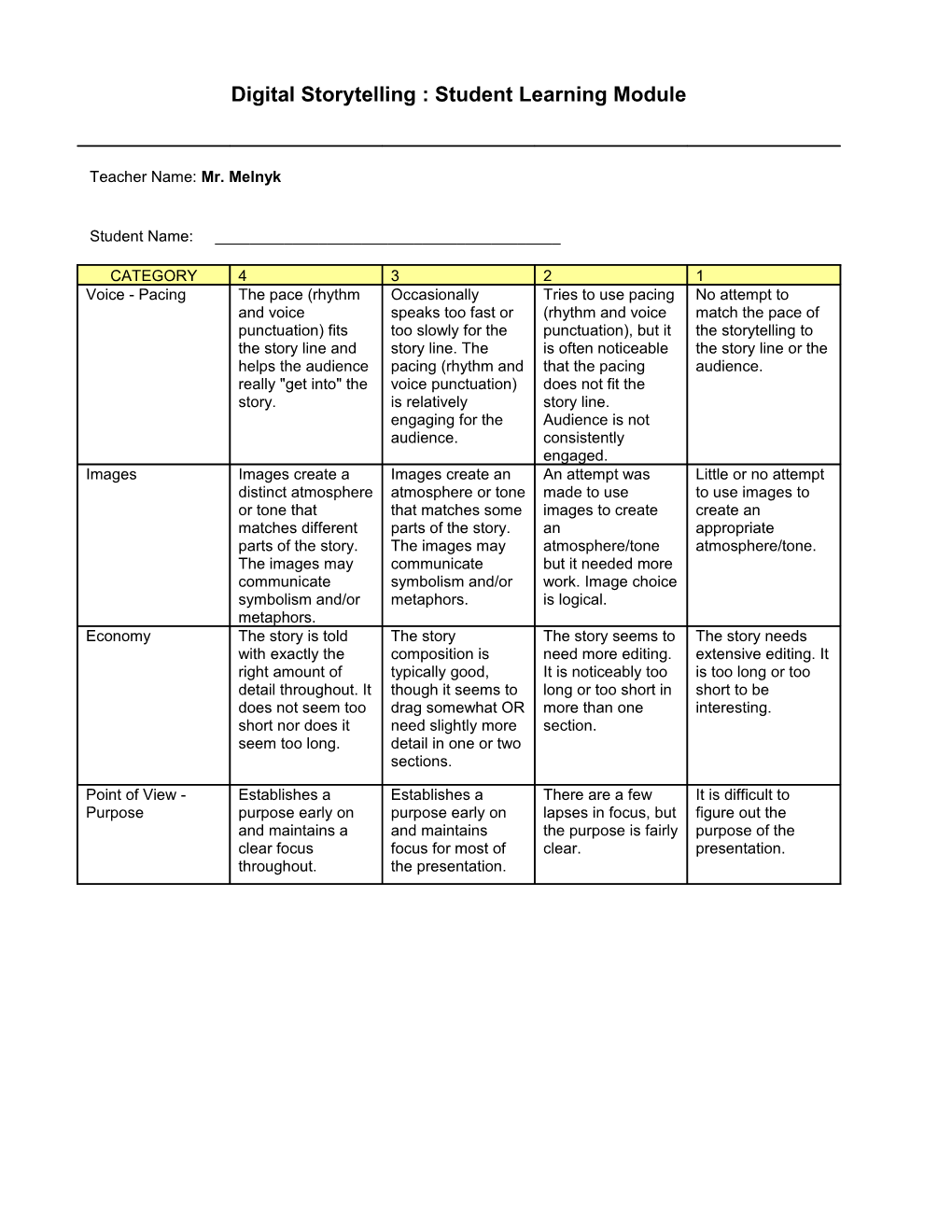 Digital Storytelling : Student Learning Module