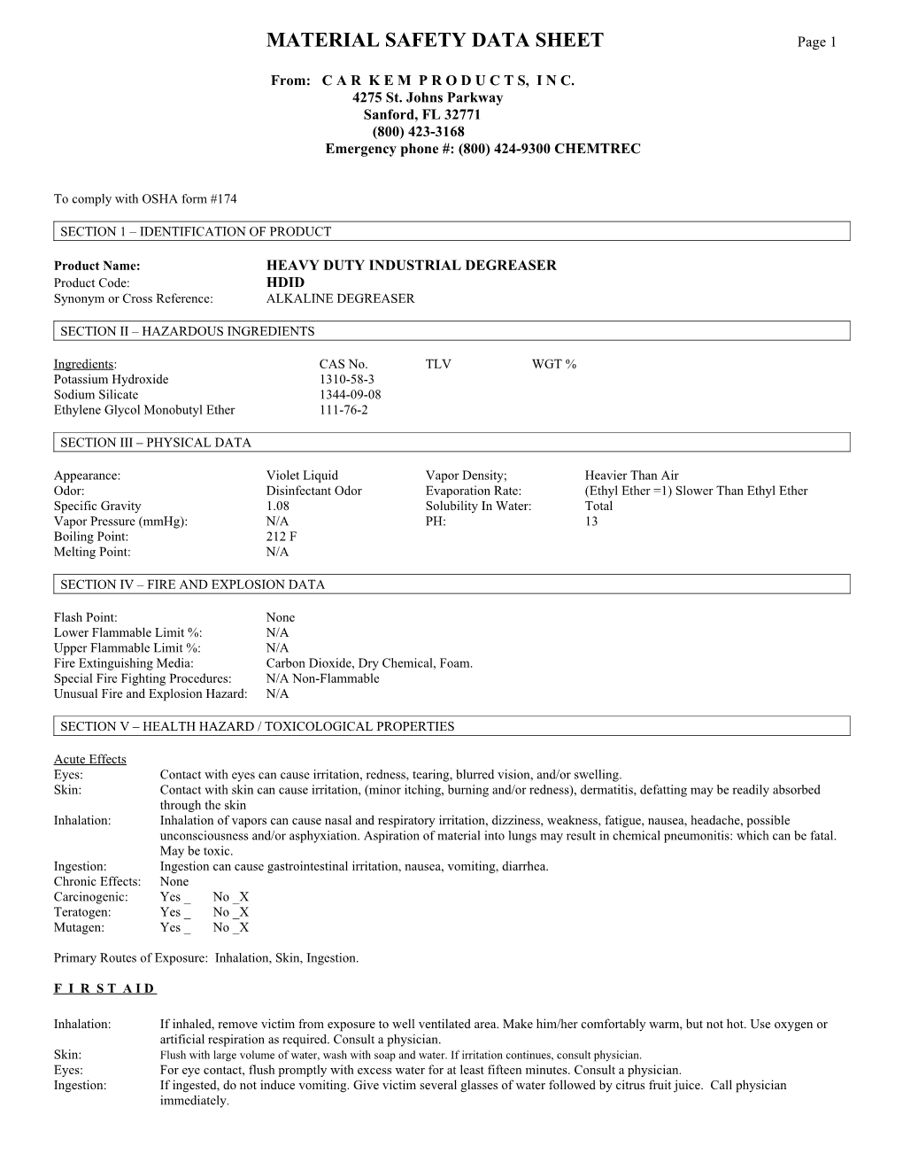 MATERIAL SAFETY DATA SHEET Page 1
