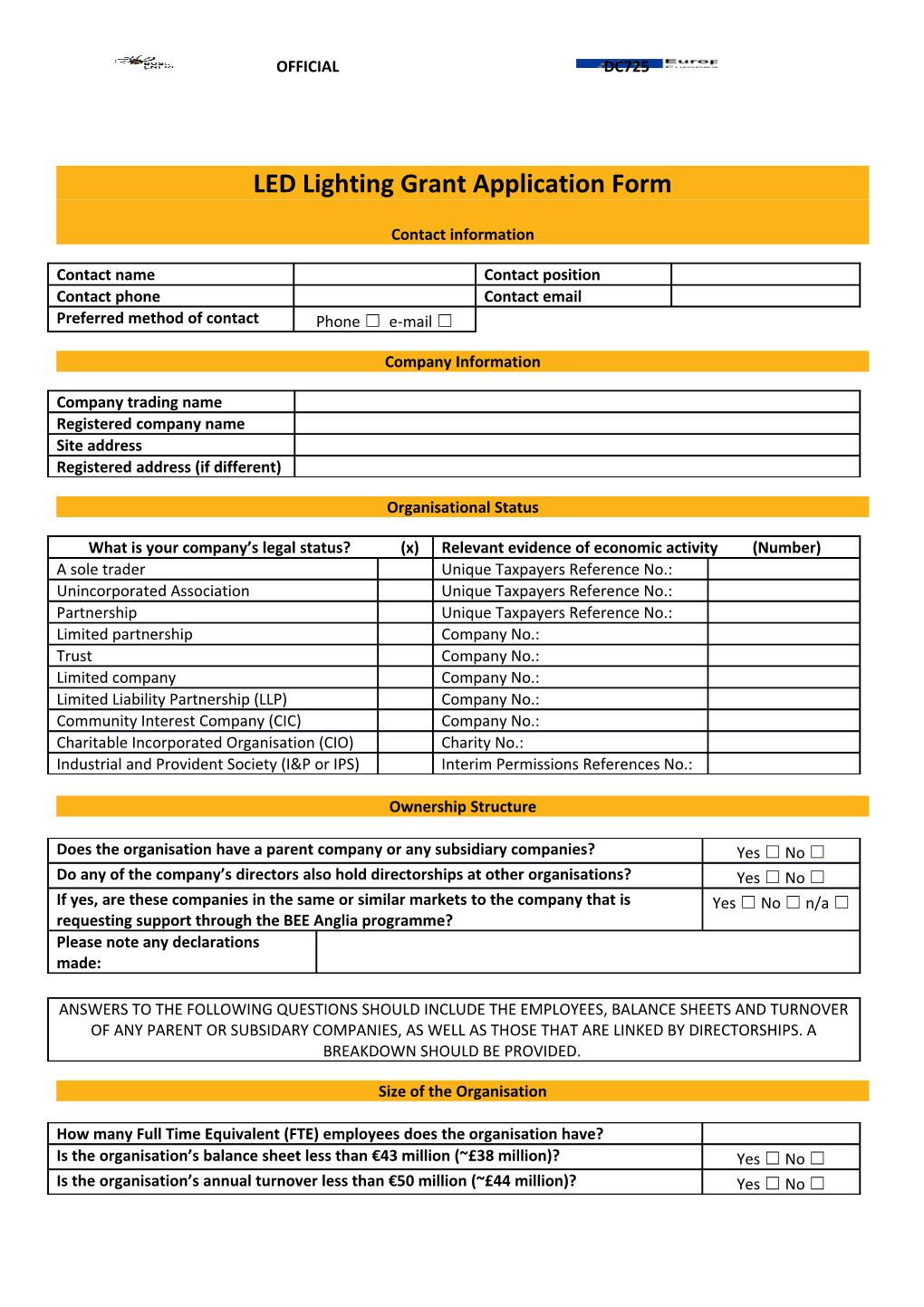 LED Lighting Grant Application Form