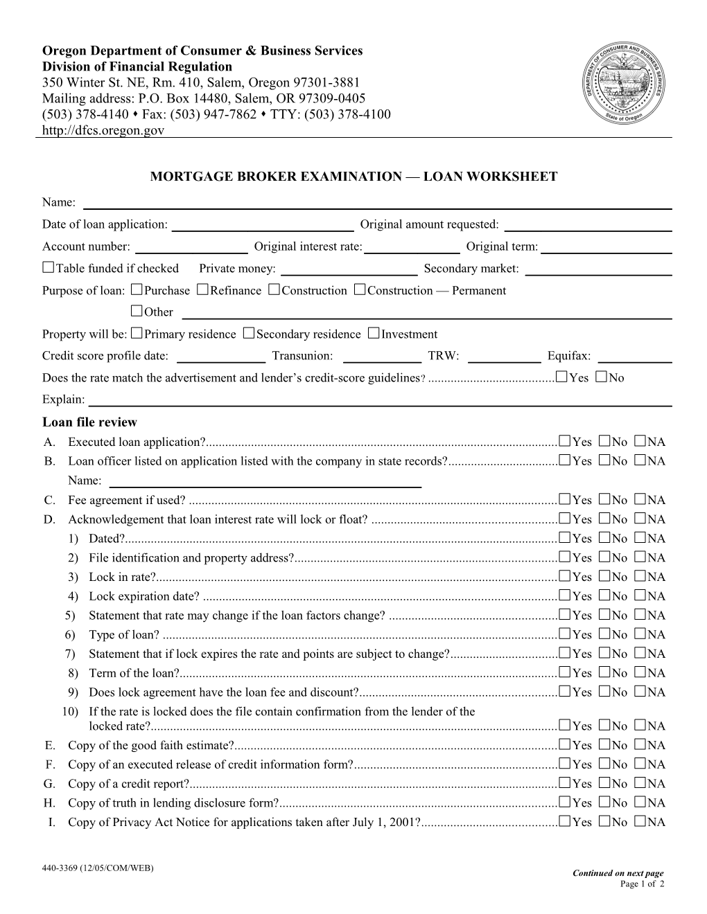 Mortgage Broker Examination Loan Worksheet