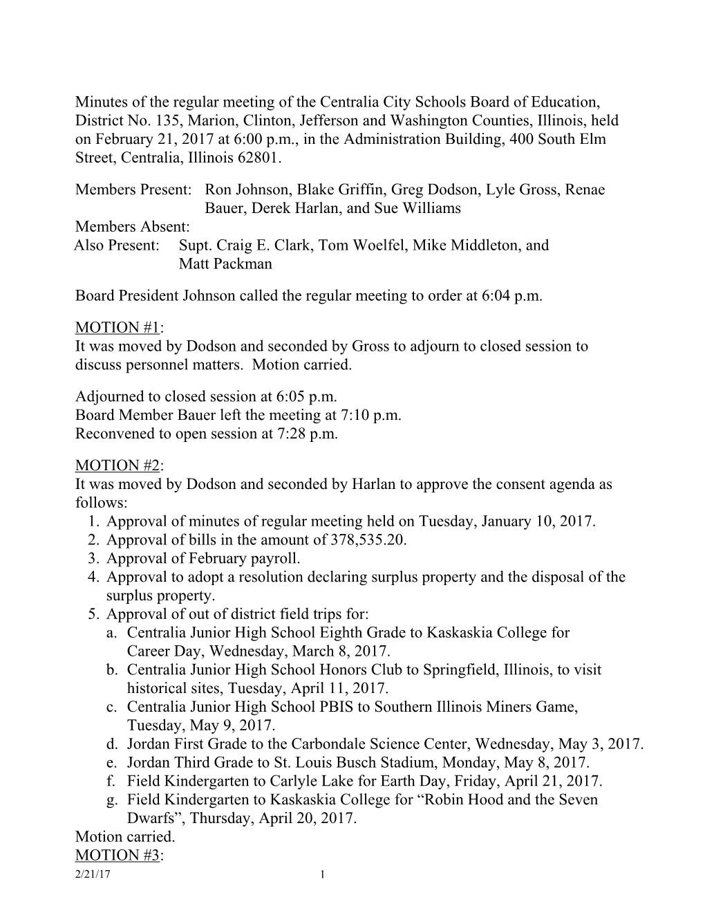 Minutes of the Regular Meeting of the Centralia City Schools Board of Education, District No