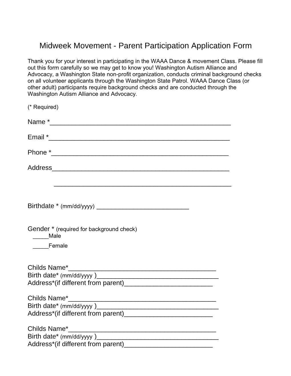 Midweek Movement - Parent Participation Application Form