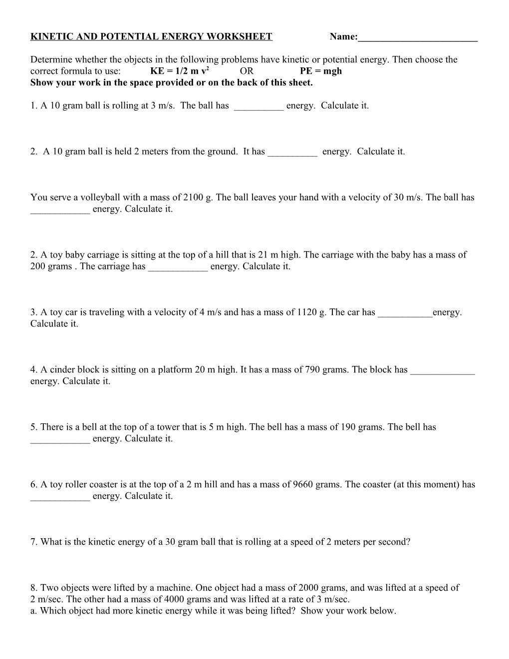 Kinetic and Potential Energy Worksheet