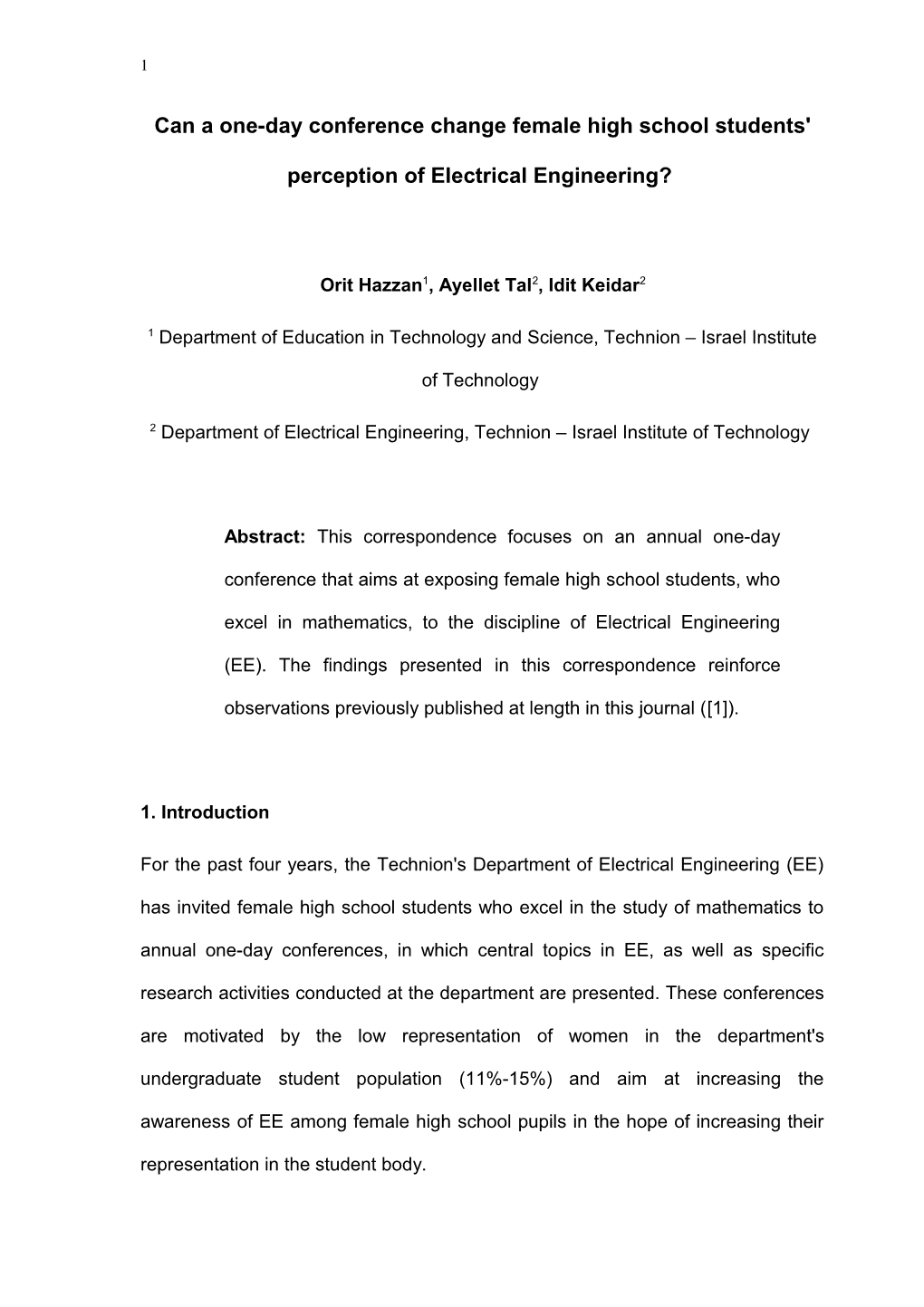 Electricity in the Palm of Her Hands - High School Distinguished Female Students' Perception