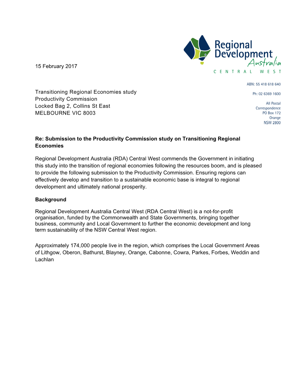 Submission 14 - Regional Development Australia (RDA) Central West - Transitioning Regional