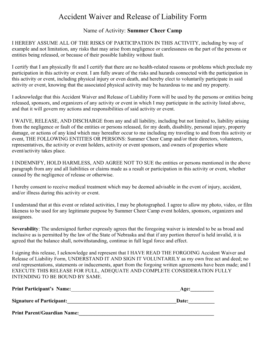 Accident Waiver and Release of Liability Form