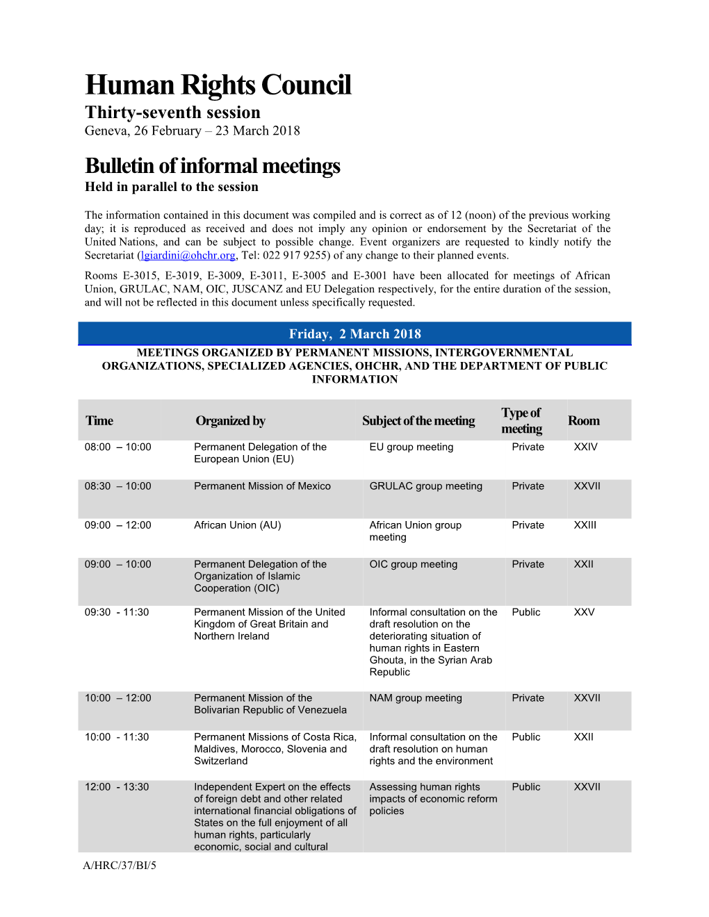 Bulletin of Informal Meetings, Friday 2 March 2018