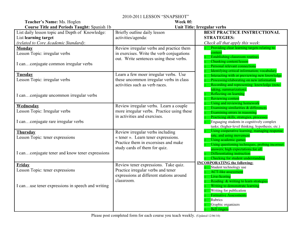 Course Title and Periods Taught: Spanish 1B Unit Title: Irregular Verbs