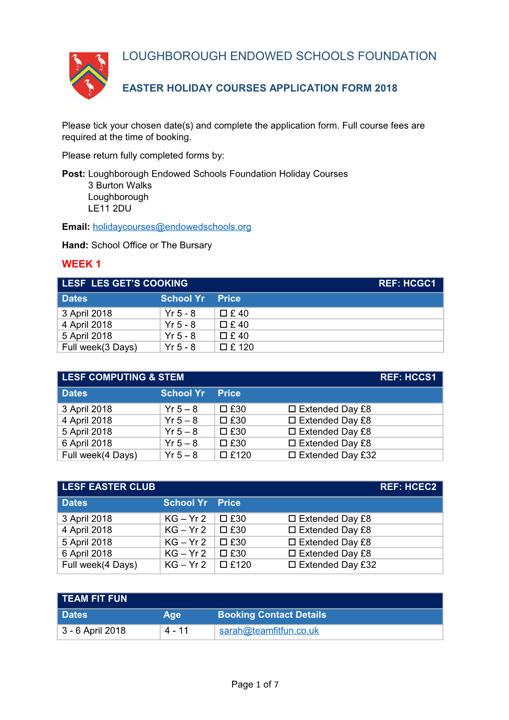 Easter Holiday Coursesapplication Form 2018