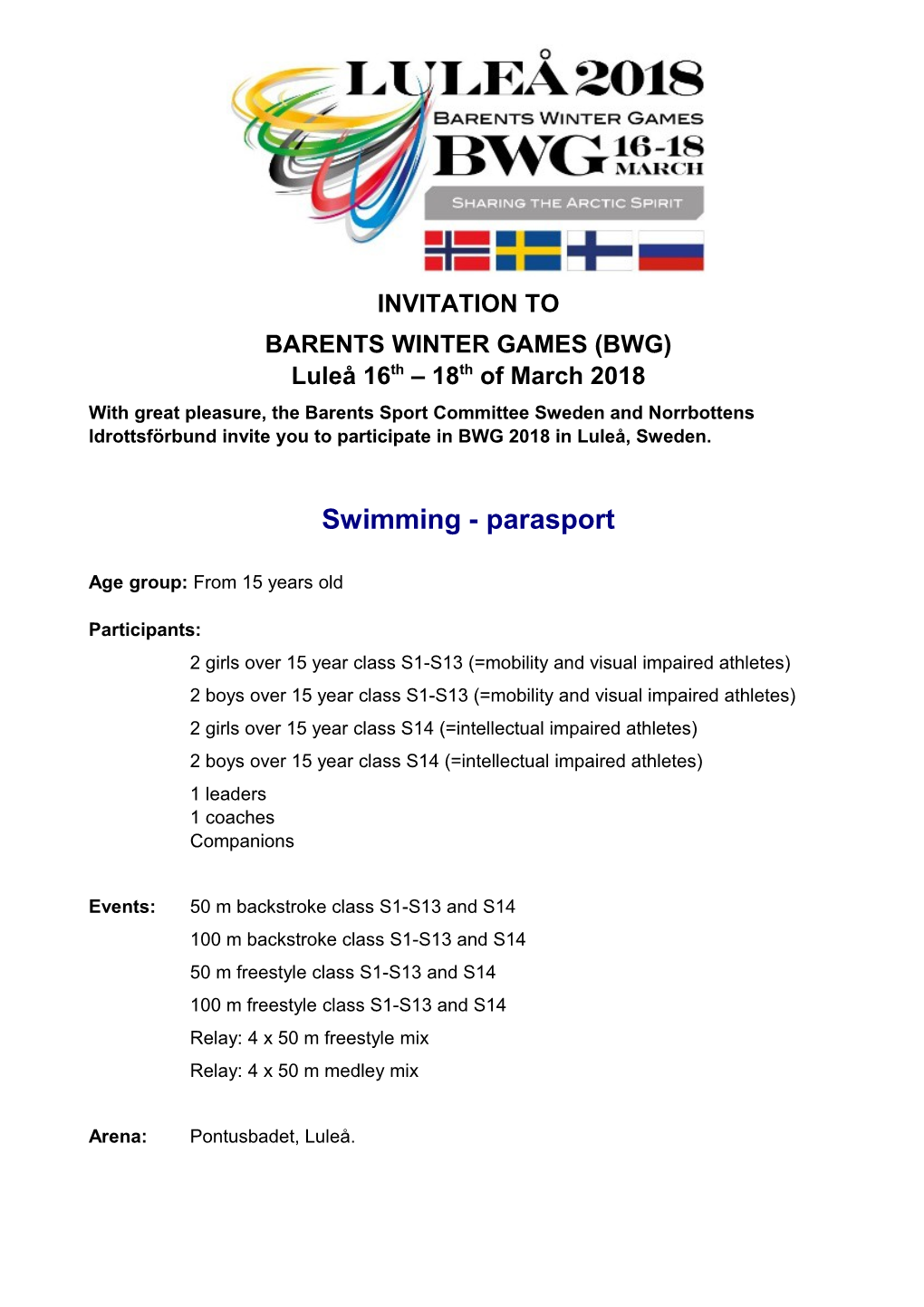 BARENTS WINTER GAMES (BWG) Luleå 16Th 18Th of March 2018