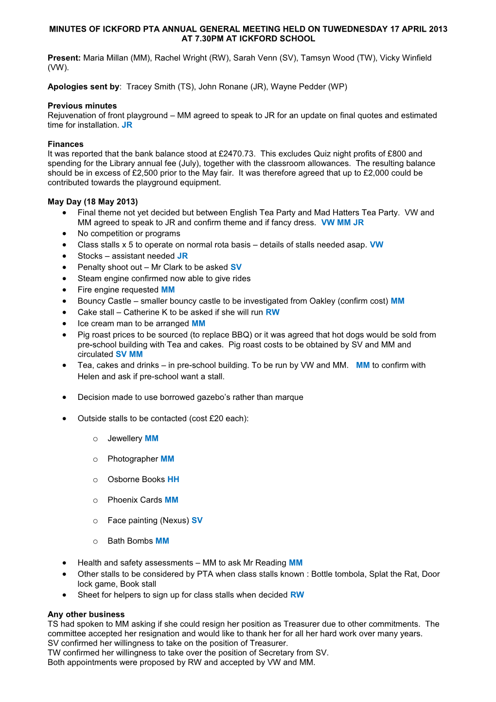 Minutes of Ickford Pta Annual General Meeting Held on Tuwednesday 17 April 2013 at 7.30Pm