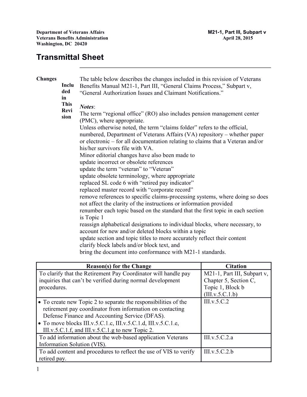 Department of Veterans Affairs M21-1, Part III, Subpart V