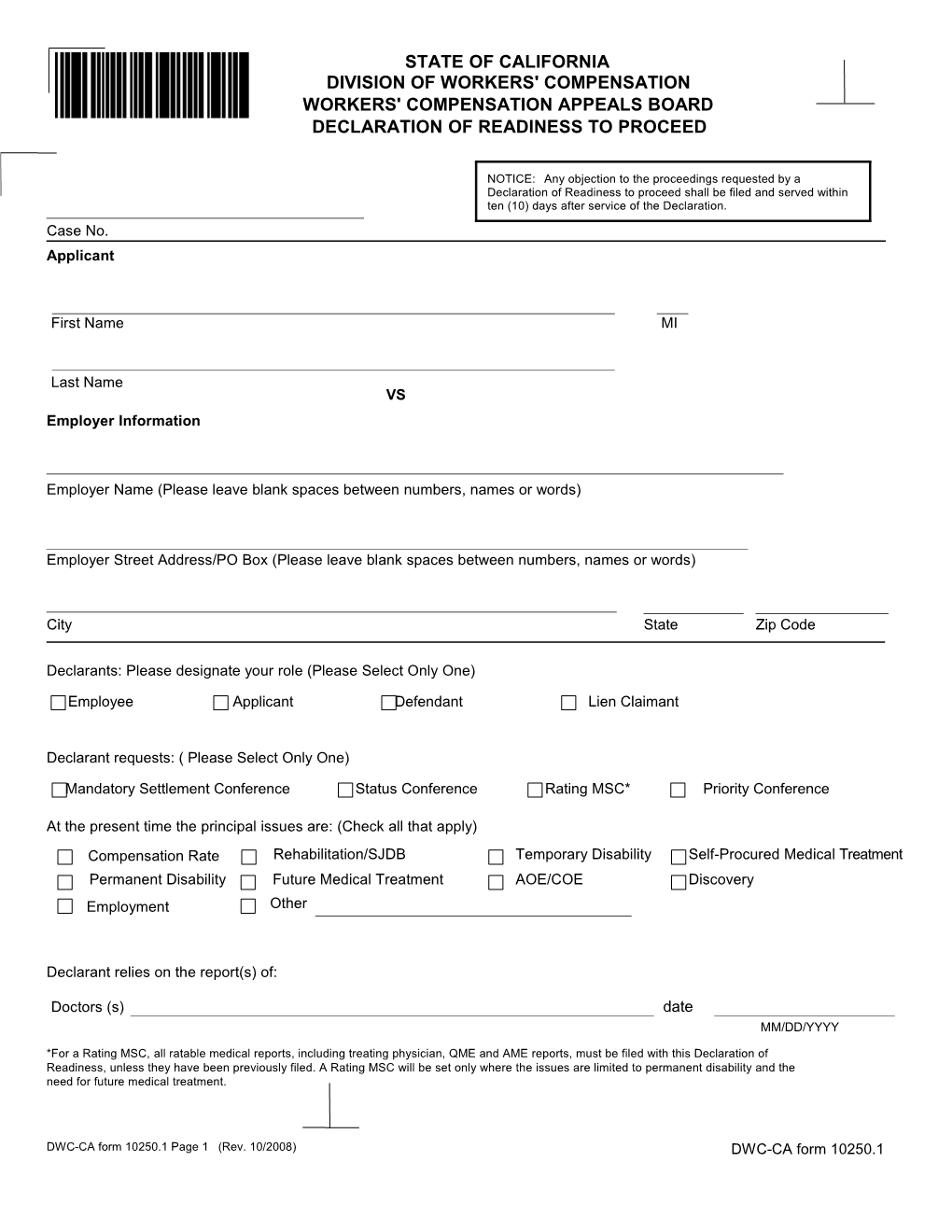 Declaration of Readiness to Proceed to Expedited Hearing (Trial) DWC-CA 10250.1