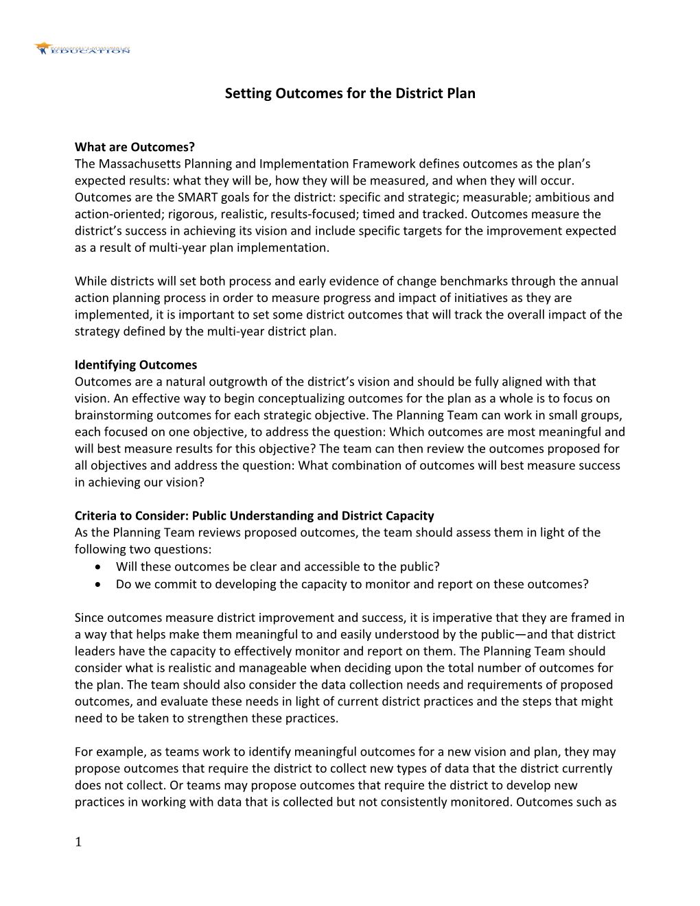 Setting Outcomes for the District Plan