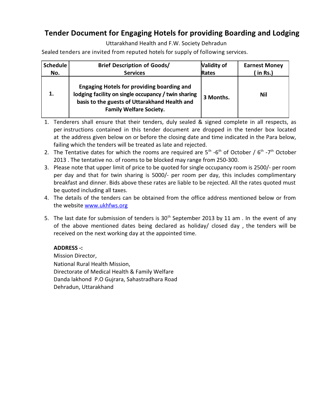 Tender Document for Engaging Hotels for Providing Boarding and Lodging