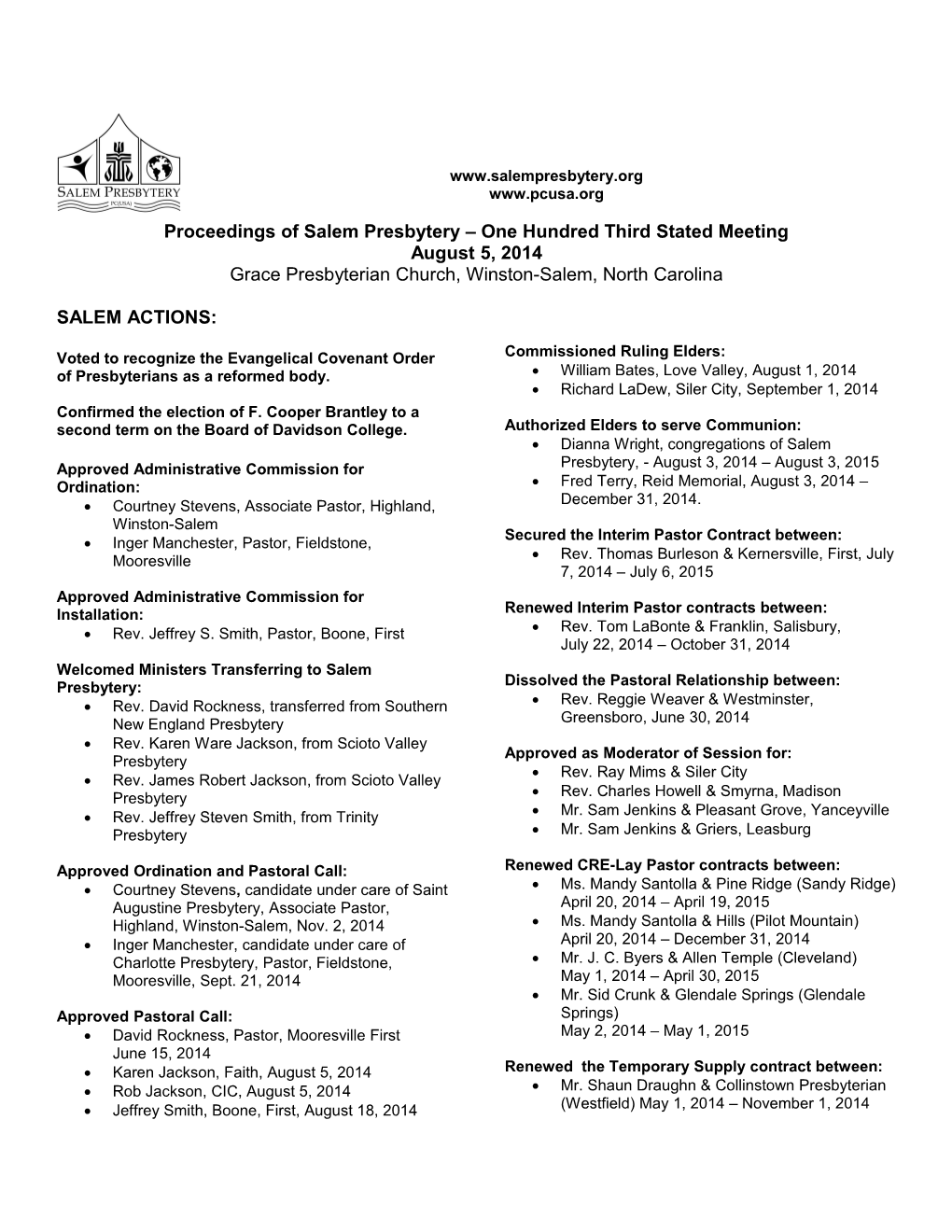 Proceedings of Salem Presbytery One Hundred Third Stated Meeting
