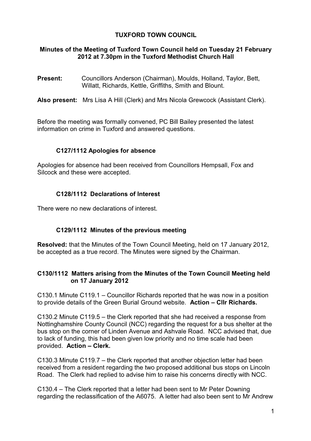 Minutes of the Meeting of Tuxford Parish Council Held on Tuesday 18 July 2006 at 7