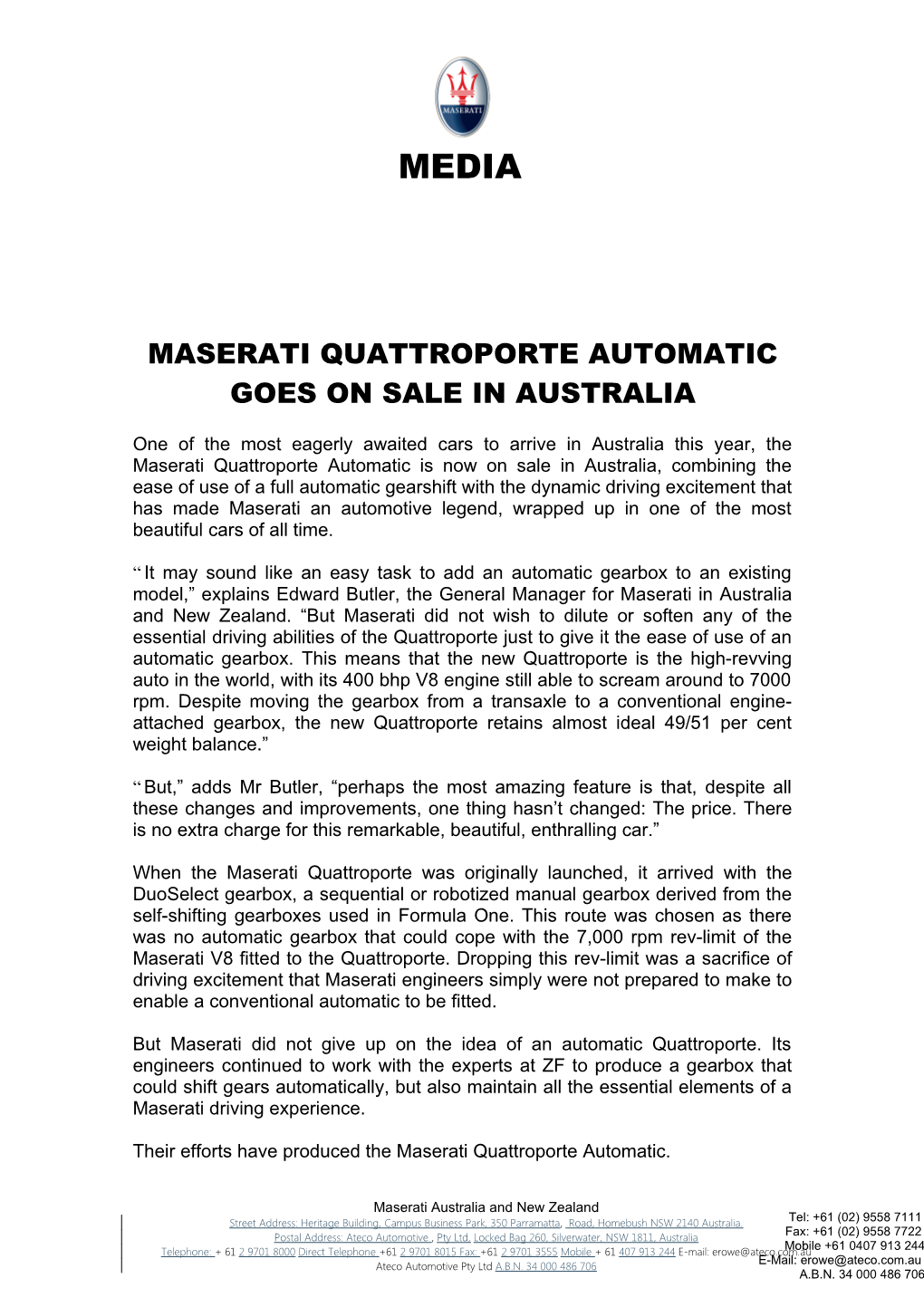 Maserati Quattroporte Automatic Goes on Sale in Australia