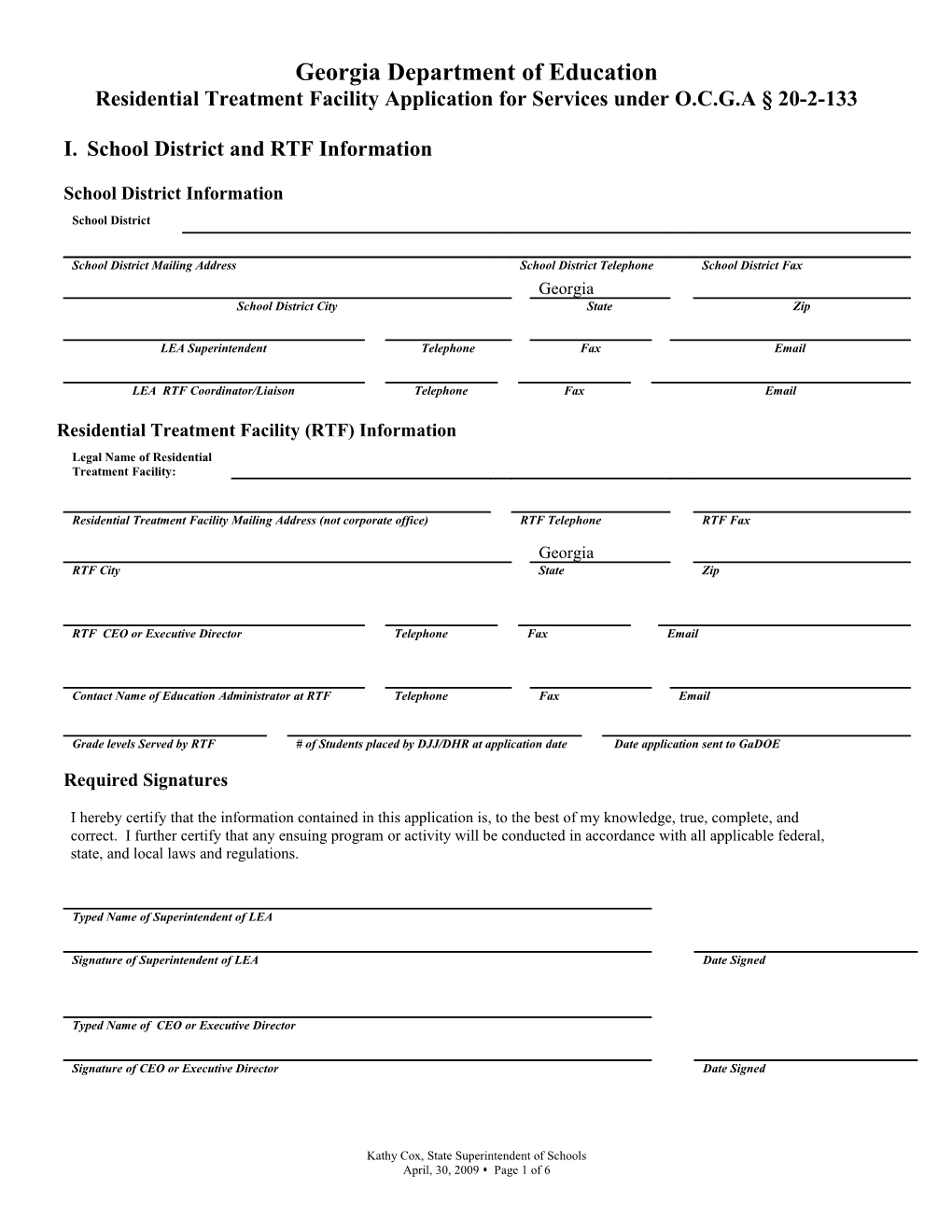 Residential Treatment Facility Application for Services Under O.C.G.A 20-2-133