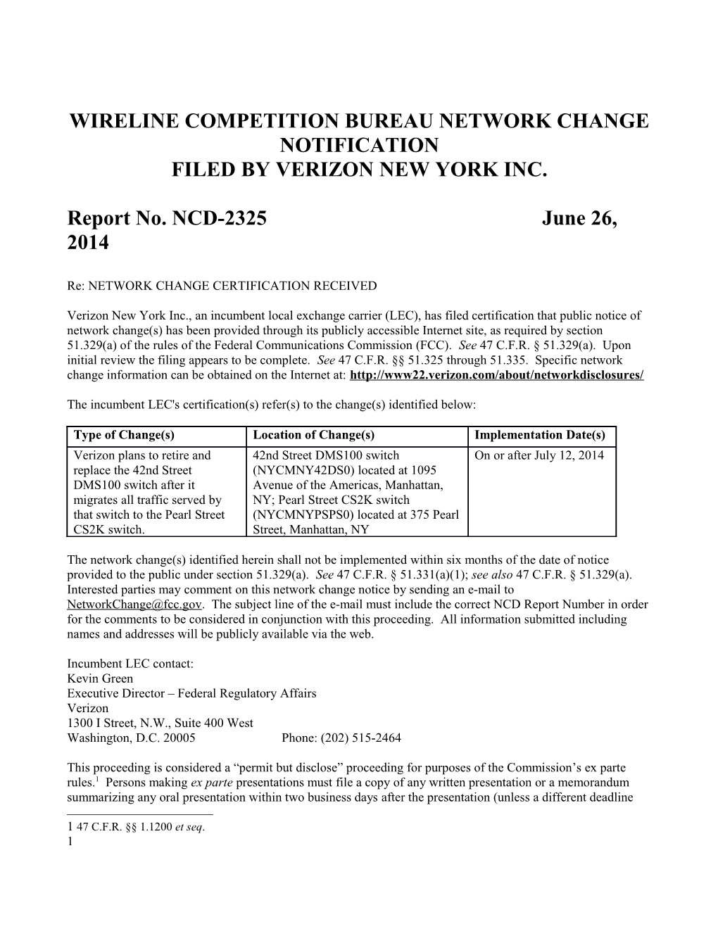Wireline Competition Bureaunetwork Change Notification