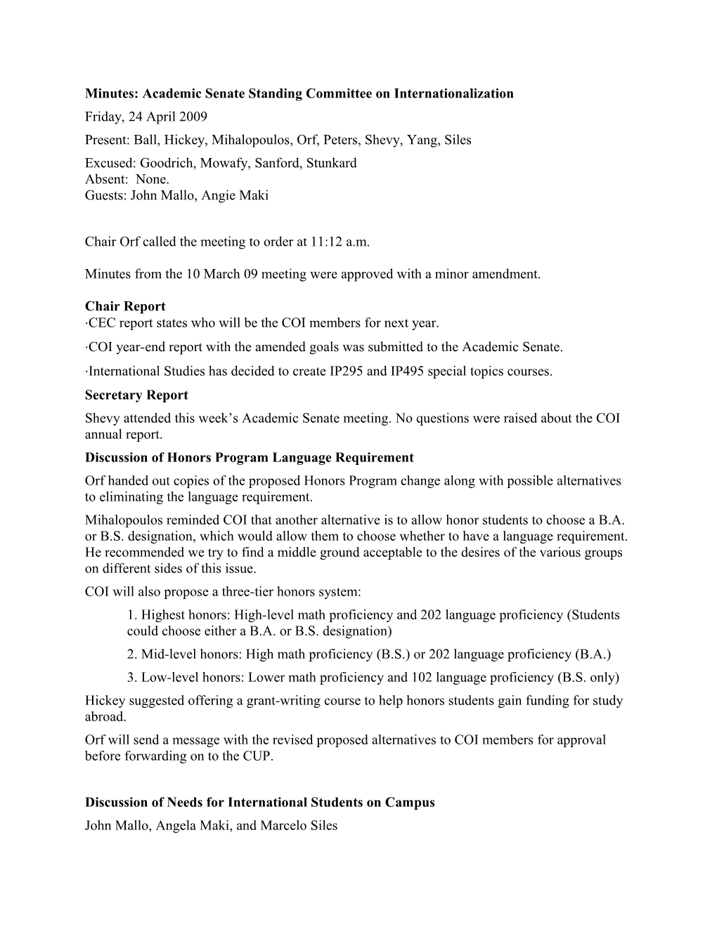 Minutes: Academic Senate Standing Committee on Internationalization