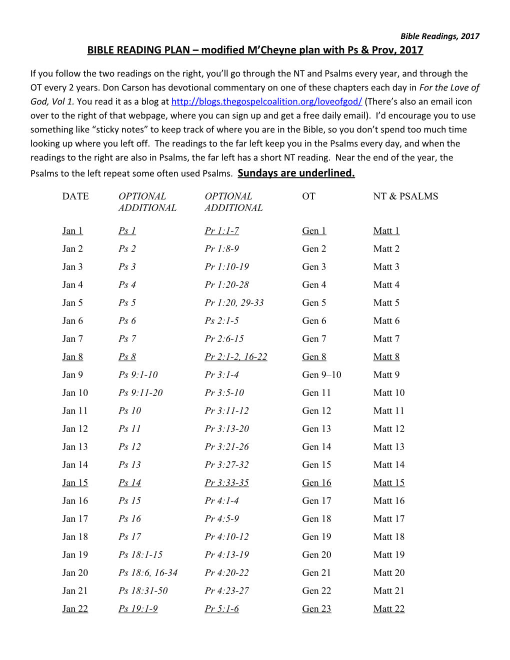 BIBLE READING PLAN Modified M Cheyne Plan with Ps & Prov, 2017